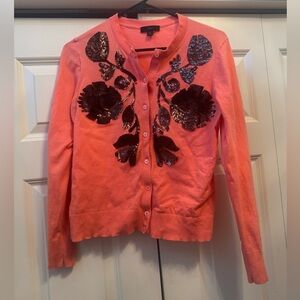 J. Crew Jackie Coral Orange Cardigan Sweater Sequin Flowers Floral Medium